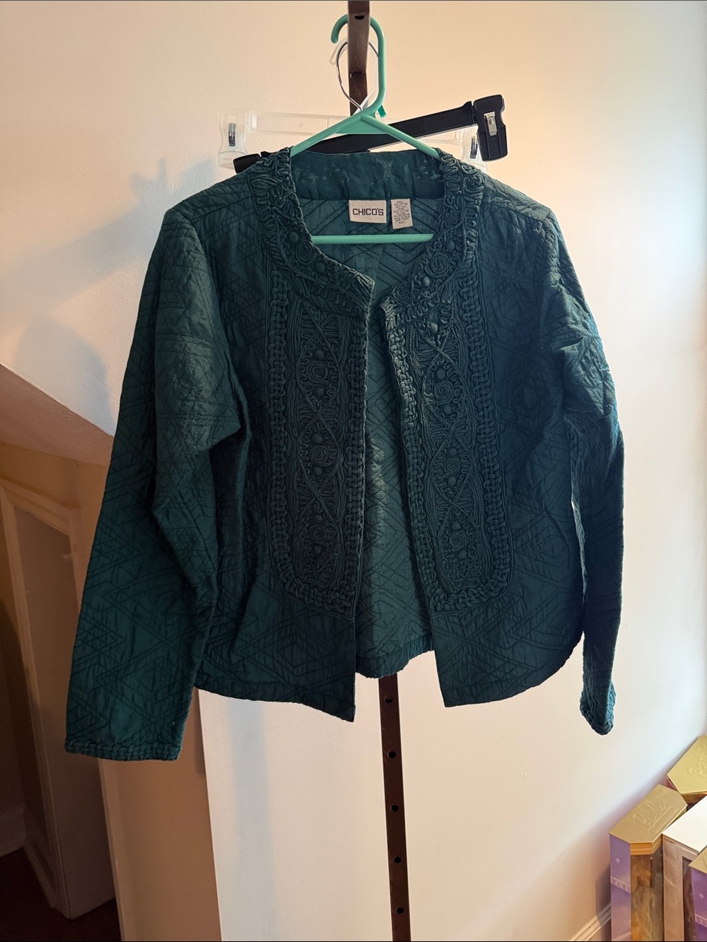 Chico's Teal Green Embroidered Open-Front Jacket